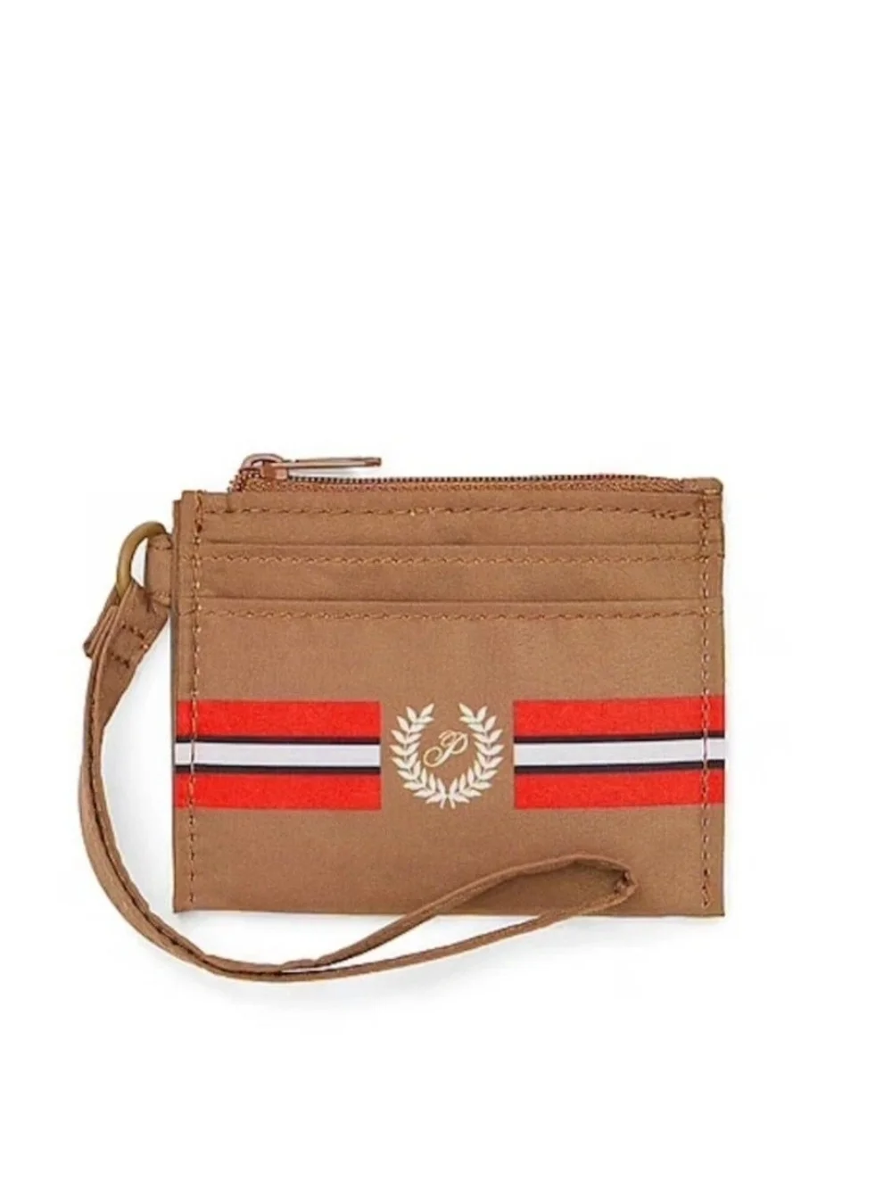 PINK Victoria's Secret Brown Canvas Card Wallet with Red and White Stripe